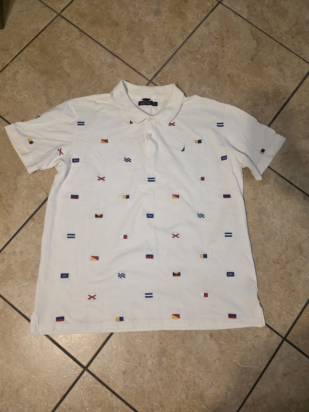 Nautica White Polo with Multicolor Nautical Flag Embroidery